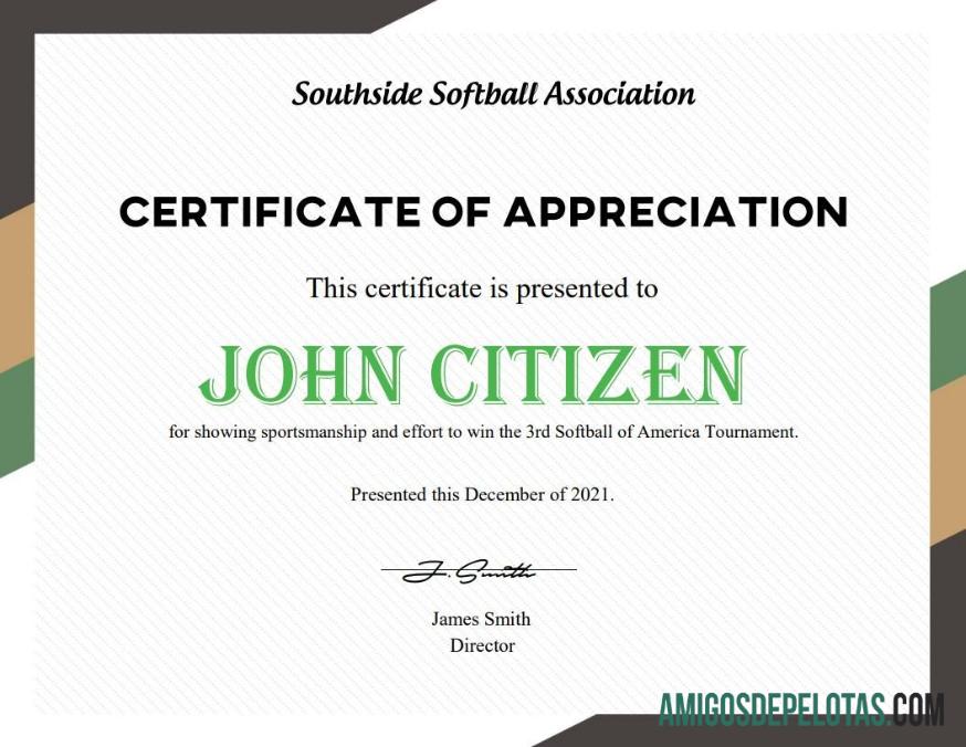 Certificado de Softball dos EUA exemplo
